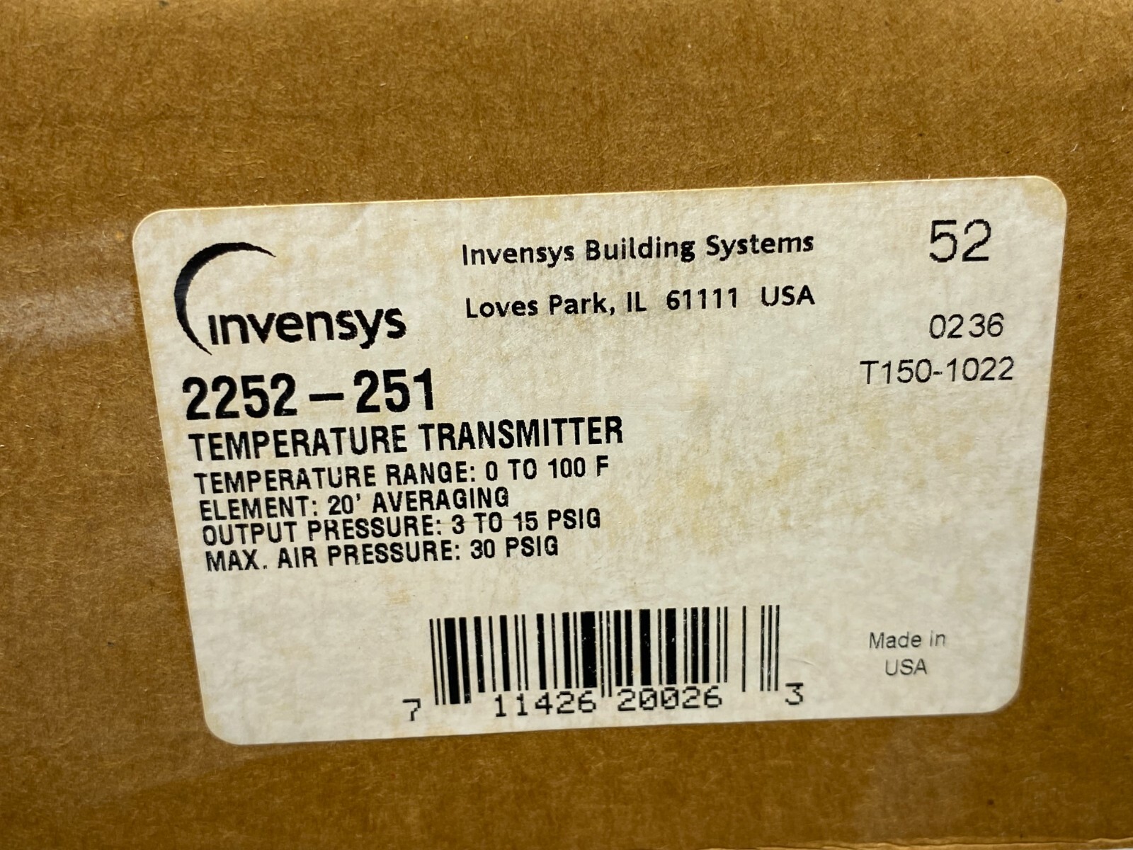 Invensys 2252-251 Temperature Transmitter 0-100F 20' Element 3-15PSIG