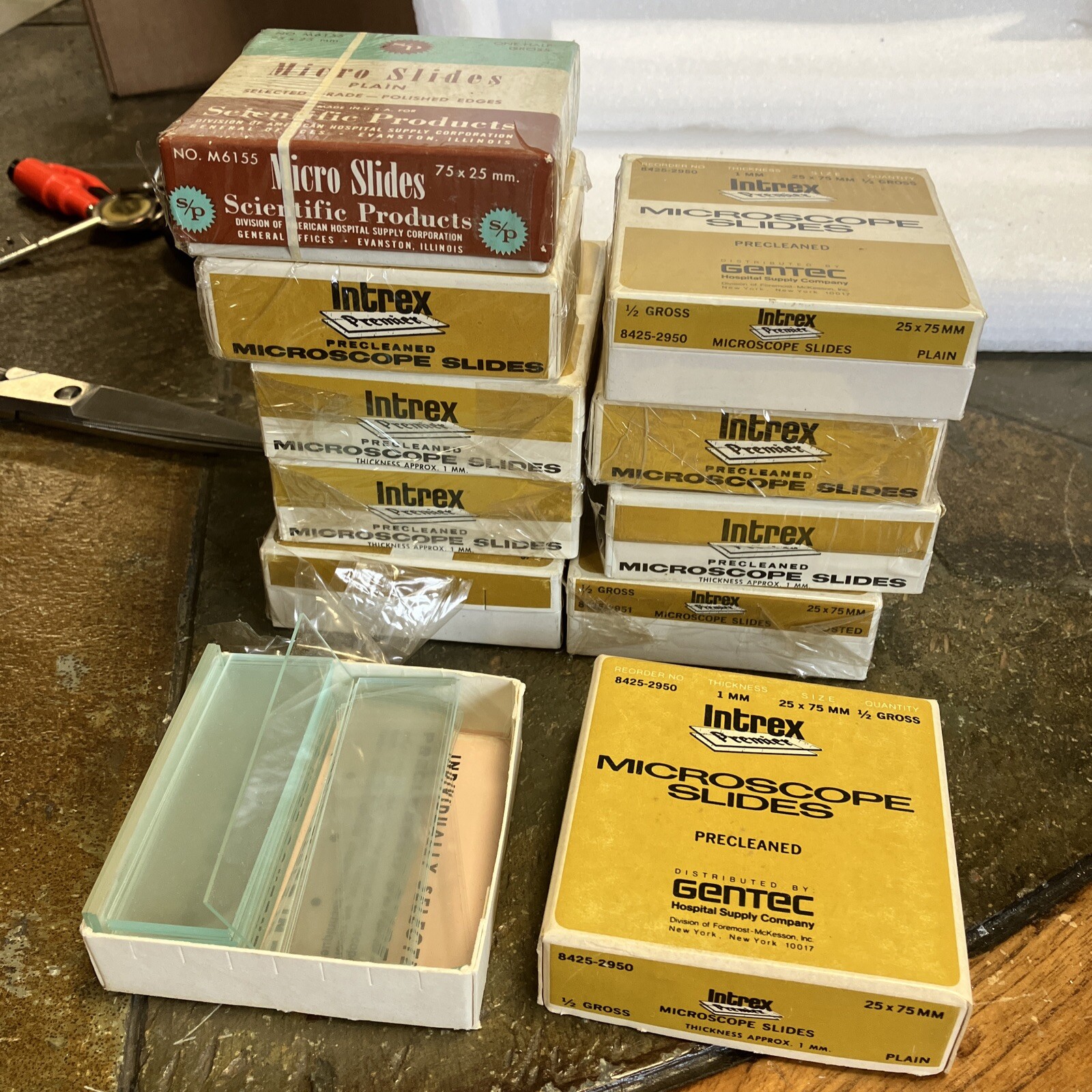 10 Boxes Vintage Microscope Slides 25x75 Mm 1mm Glass Vintage Packaging Open
