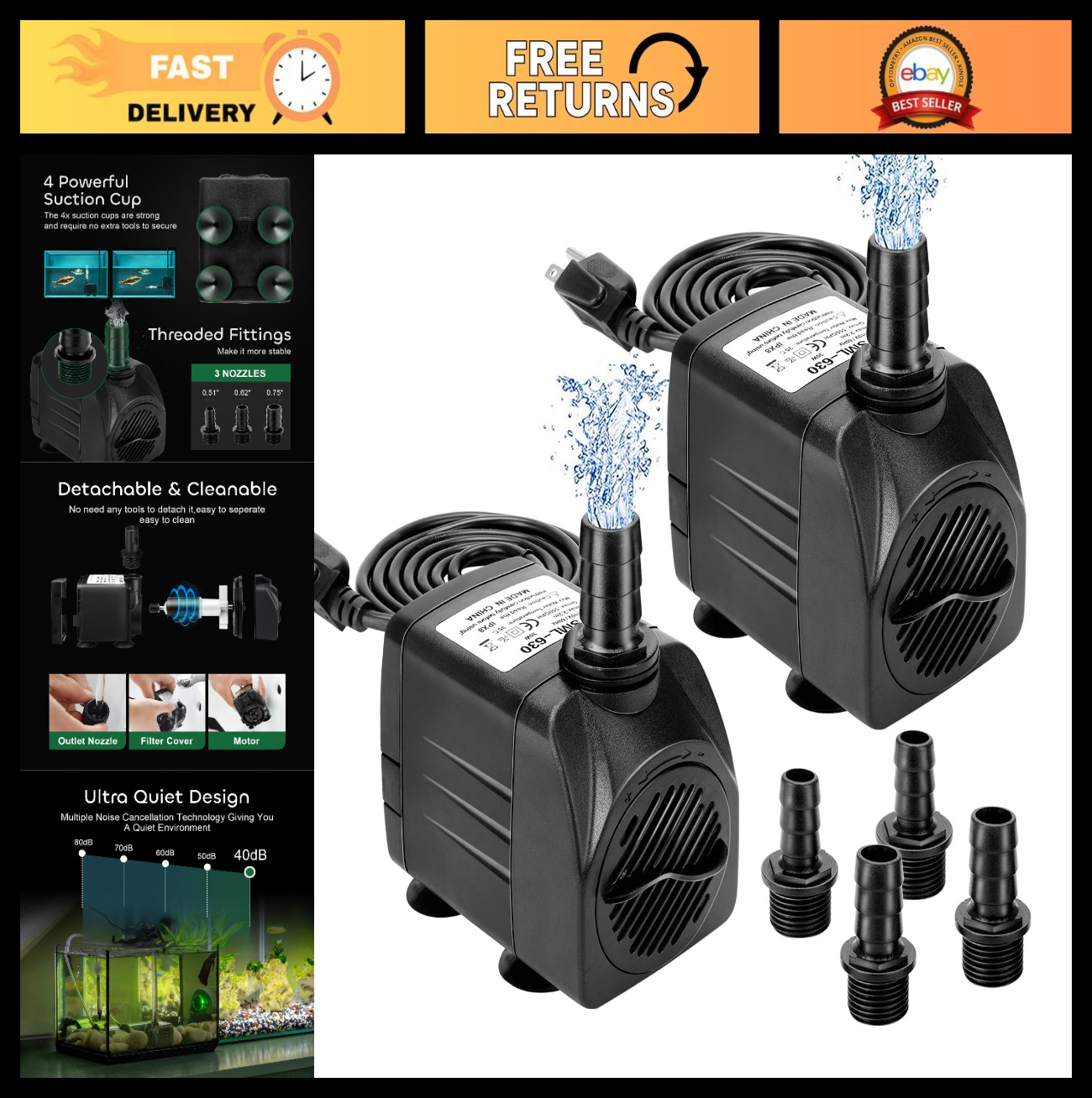 2 Pack 550GPH Ultra Quiet Submersible Water Pump 30W for Aquarium, Pond, Hydropo