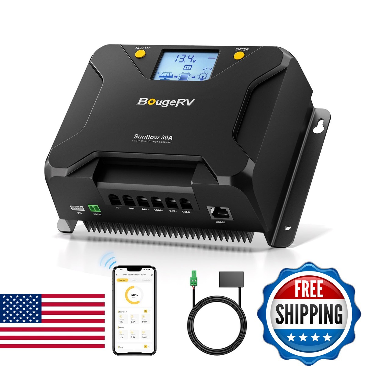Bougerv Mppt Solar Charge Controller 30A W/ Low-Temp Cut-Off App Control