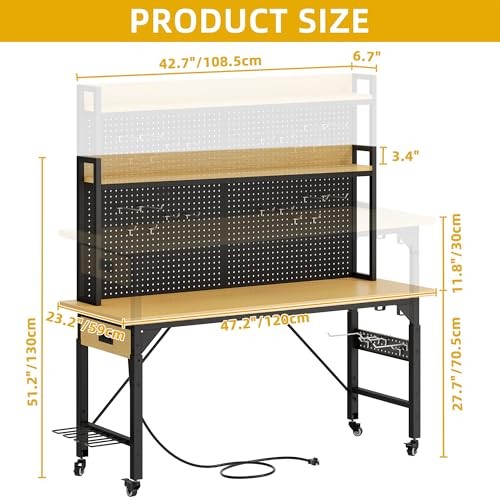 Adjustable Workbench 48in Pegboard 1600lb AC USB Outlet