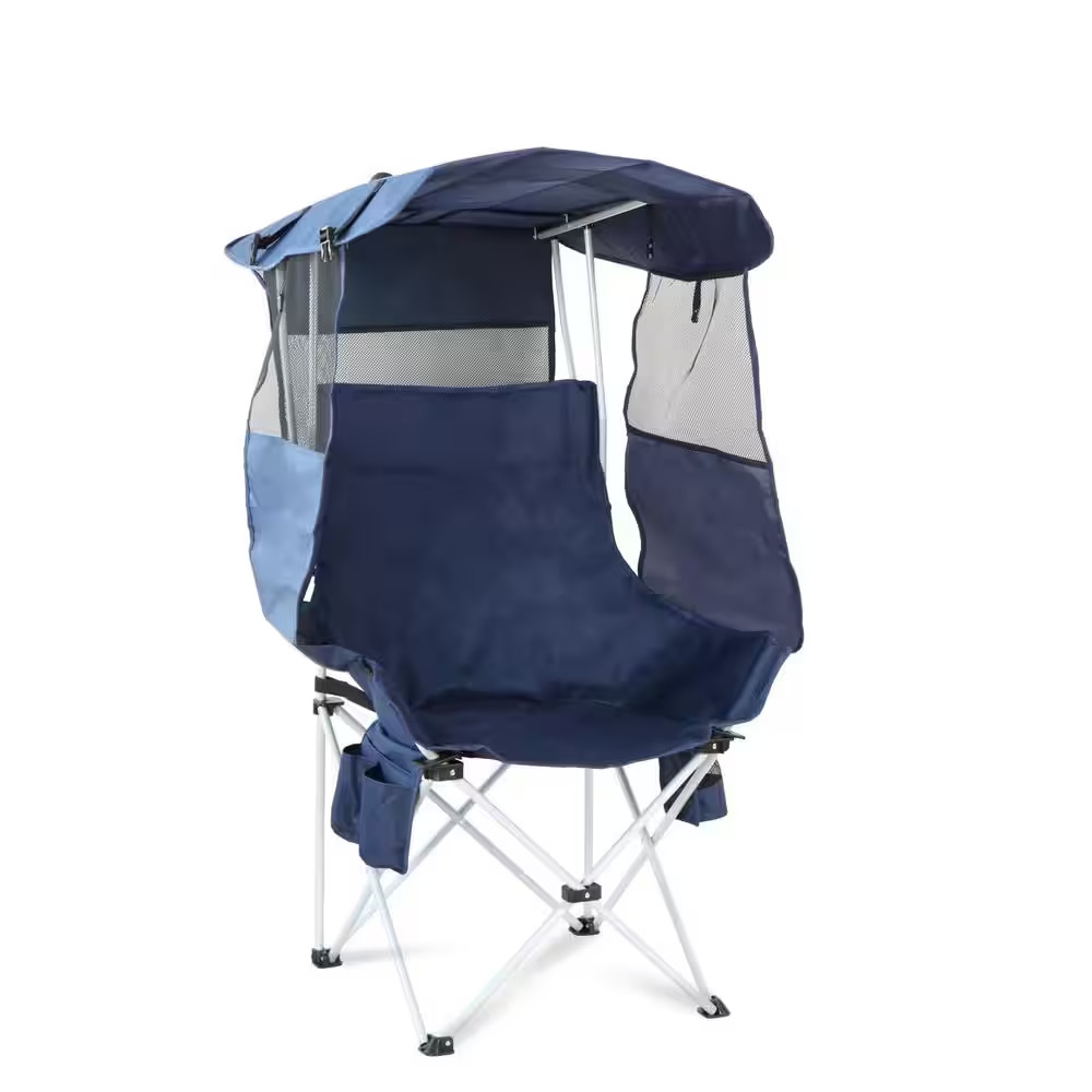Blue Steel Folding Camping Chairs Lawn Beach Chairs with Canopy