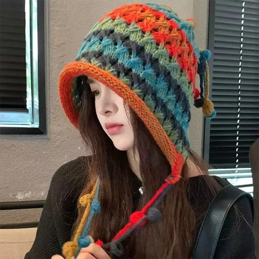 Crochet Beanie Women's Colorful Handmade Tassel Ear Flap Knit Hat with Boho Styl