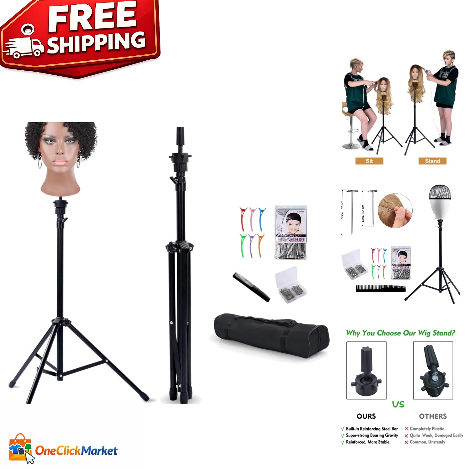 Ultimate Wig Styling Tripod (34.64-51.48in) - Includes Carry Bag & Clips