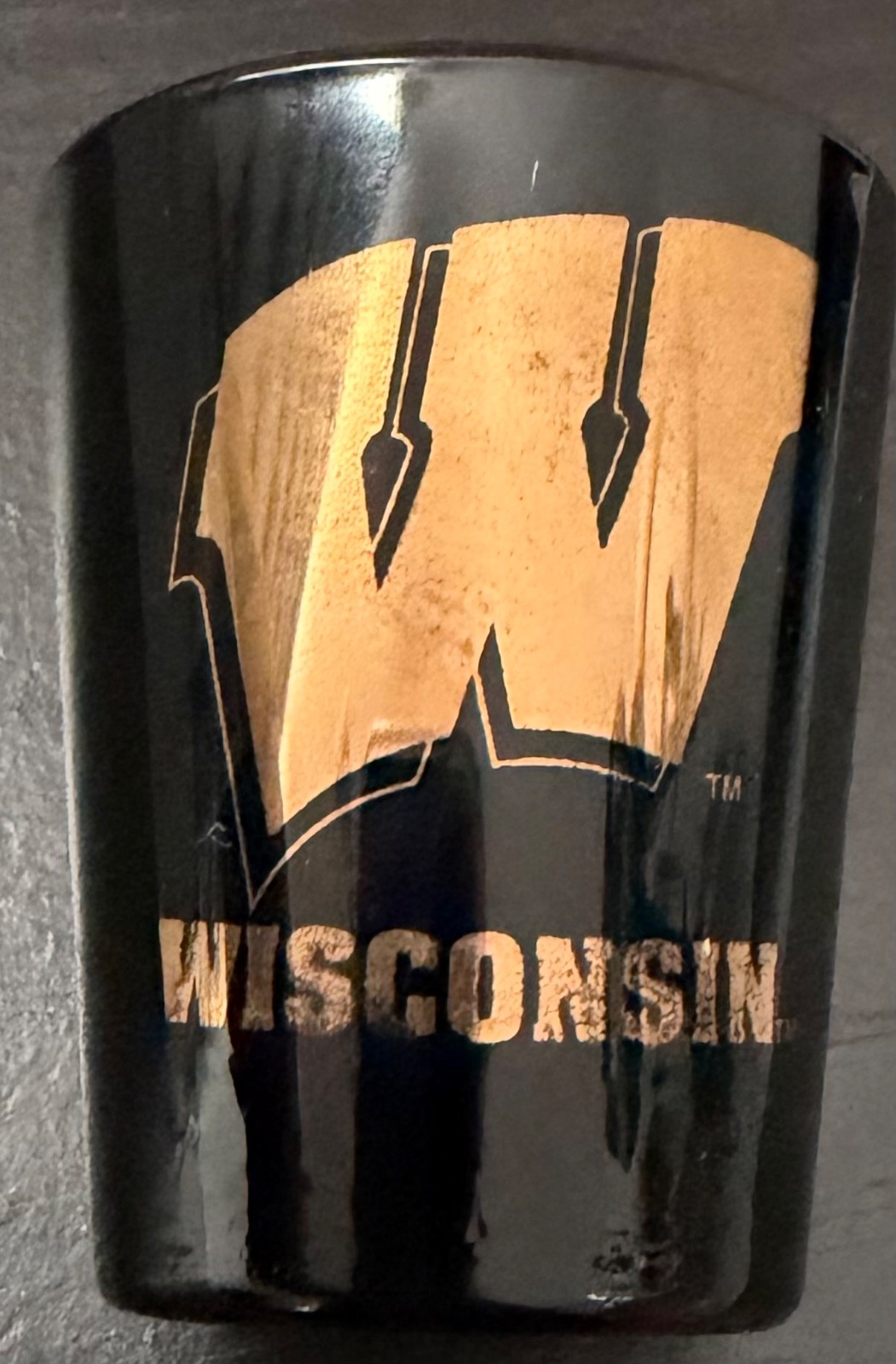 Vintage Wisconsin Badgers Shot Glass Black w/Gold Lettering