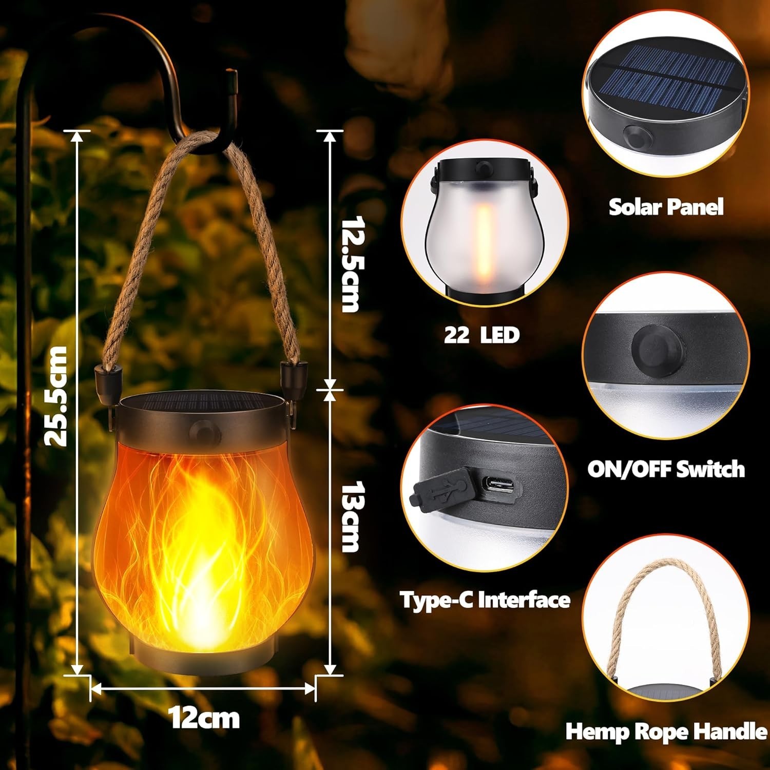 Solar Lanterns Outdoor Waterproof - 2 Pack Hanging Solar Flame Lights with Du...