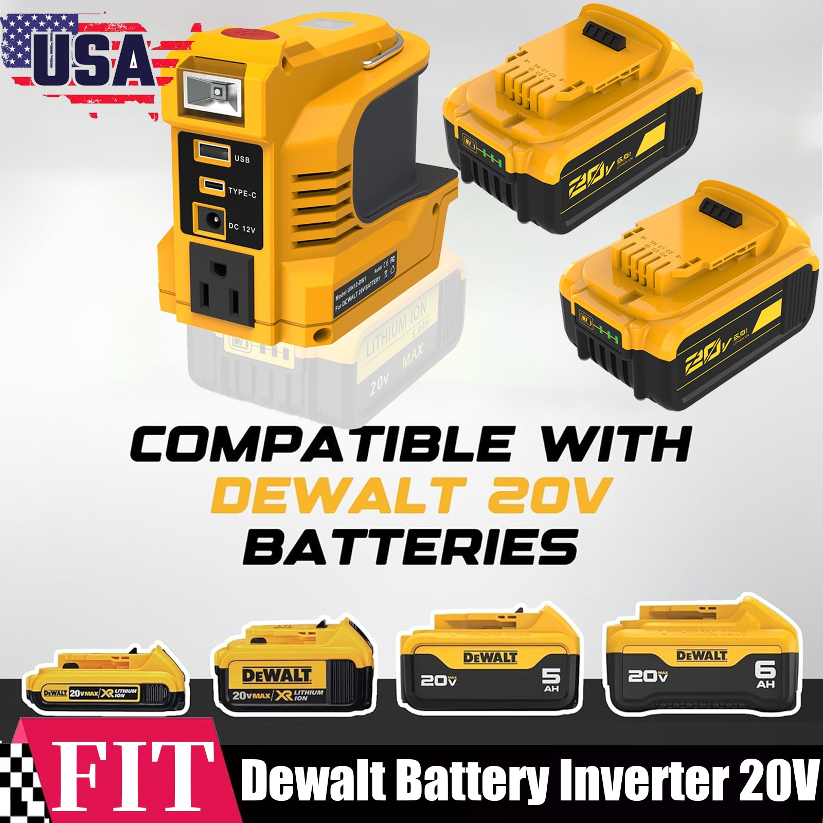 2-Pack 5.0AH DCB205-2 For DEWALT 20V Battery&220W Power Inverter w/LED AC 110V