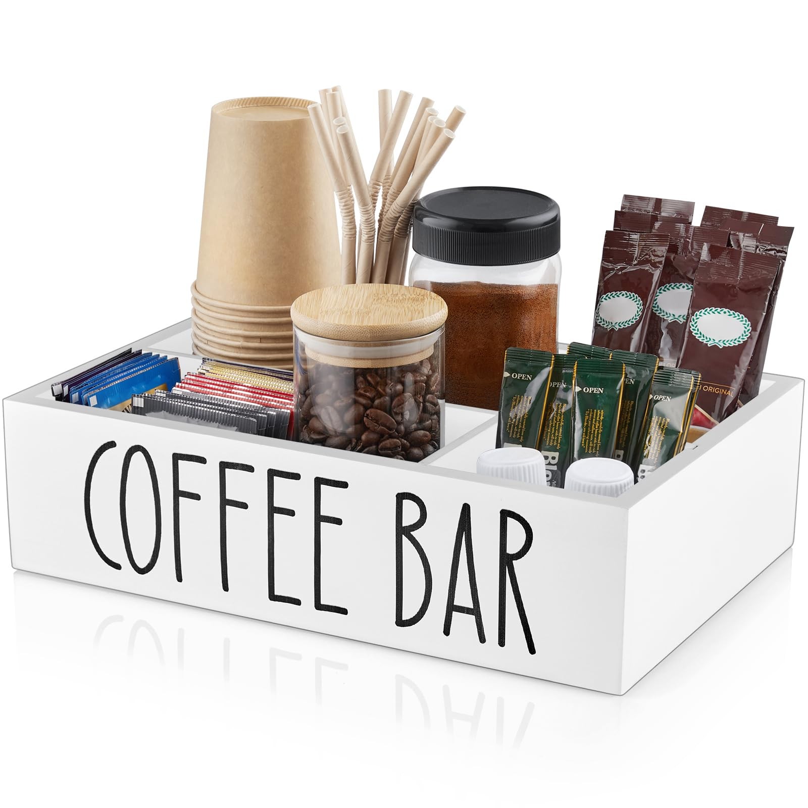 White Coffee Station Organizer with Removable Dividers – Wooden Coffee Bar Co...