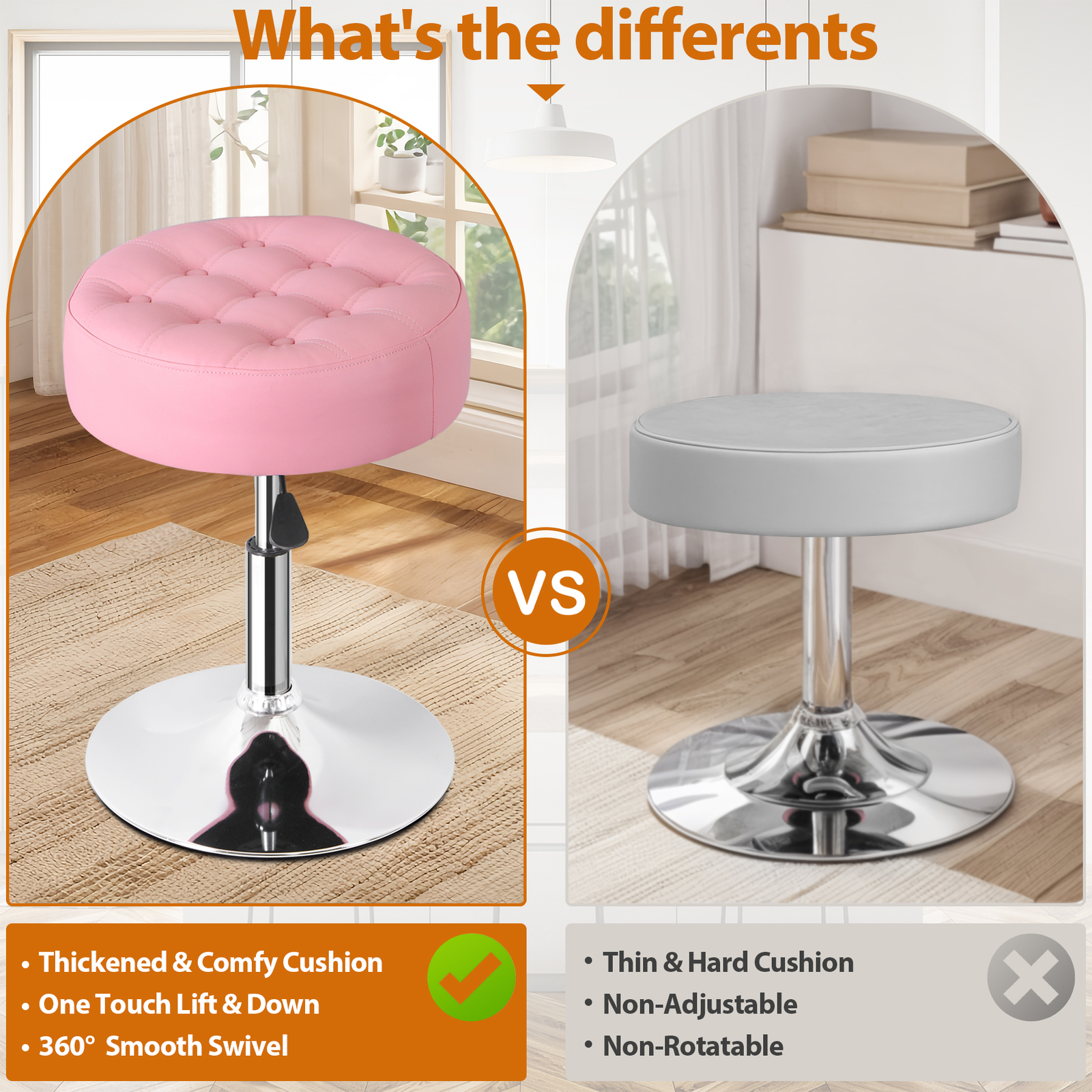 2 PCS Pink Vanity stool for Makeup Room Adjustable Height PU Leather Bar Stool