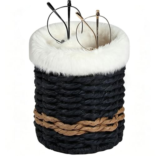Glasses Holder for Nightstand,2 in 1 Plush Lined Paper Rope Black/Brown