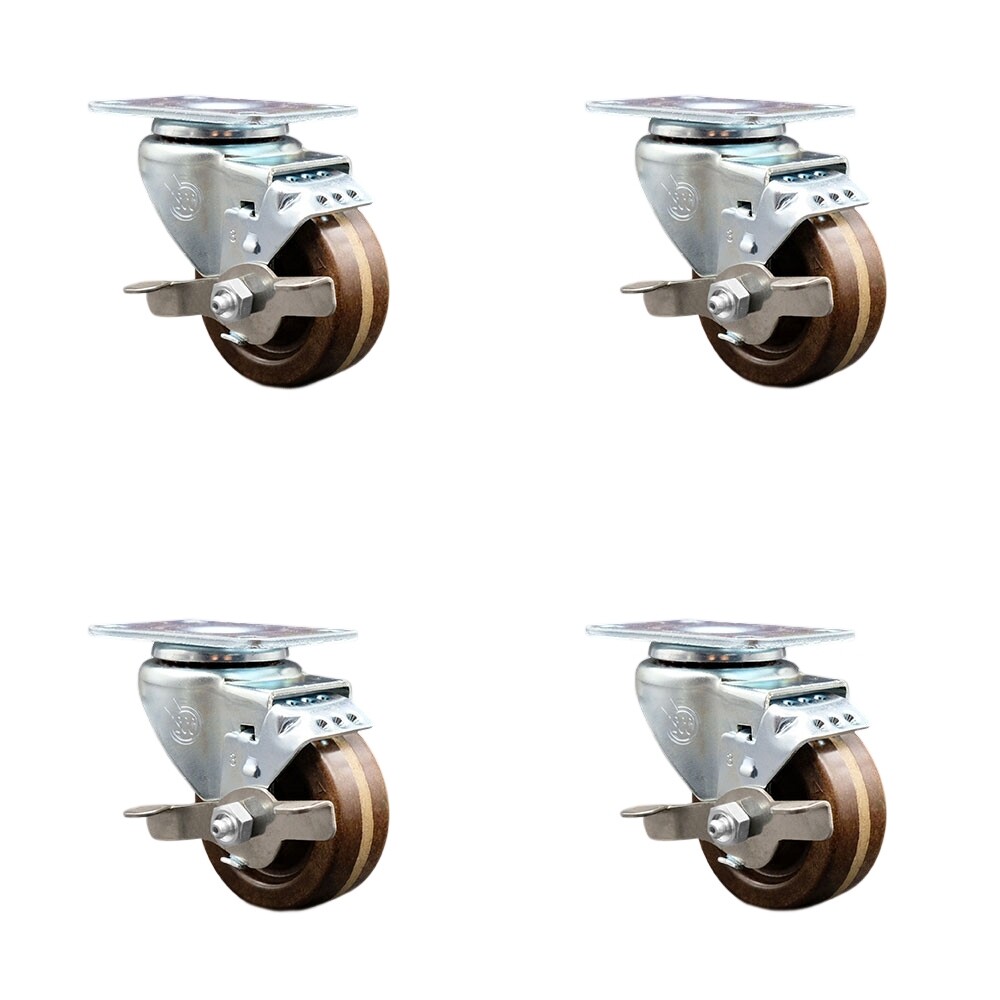 3 Inch High Temp Phenolic Wheel Swivel Top Plate Caster Set with Brake SCC