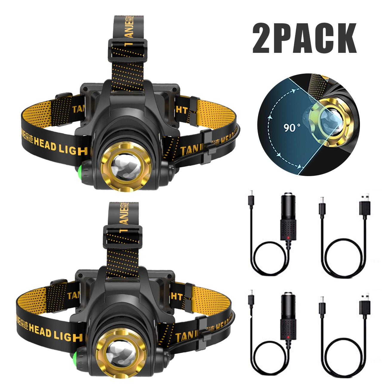 2 pack Super Bright LED Headlamp Camping Waterproof Flashlights Hiking Torch