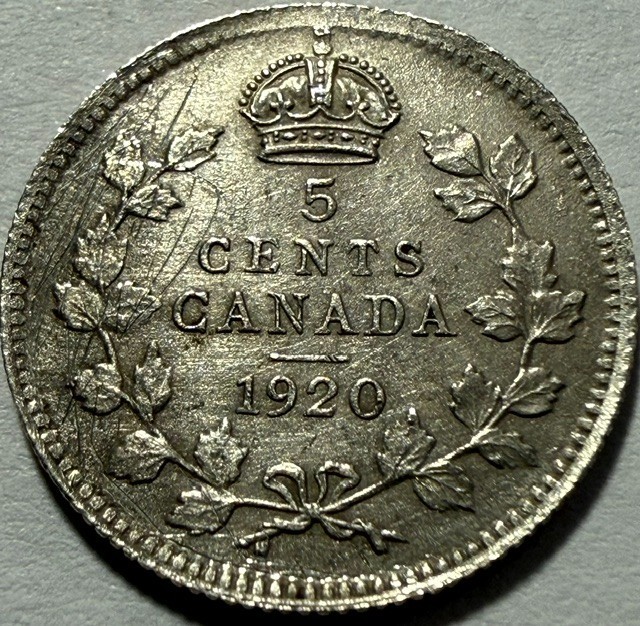 CANADA - George V - 5 Cents - 1920 - Km-22a - UNC Detail (Cleaned) FREE USA S&H!