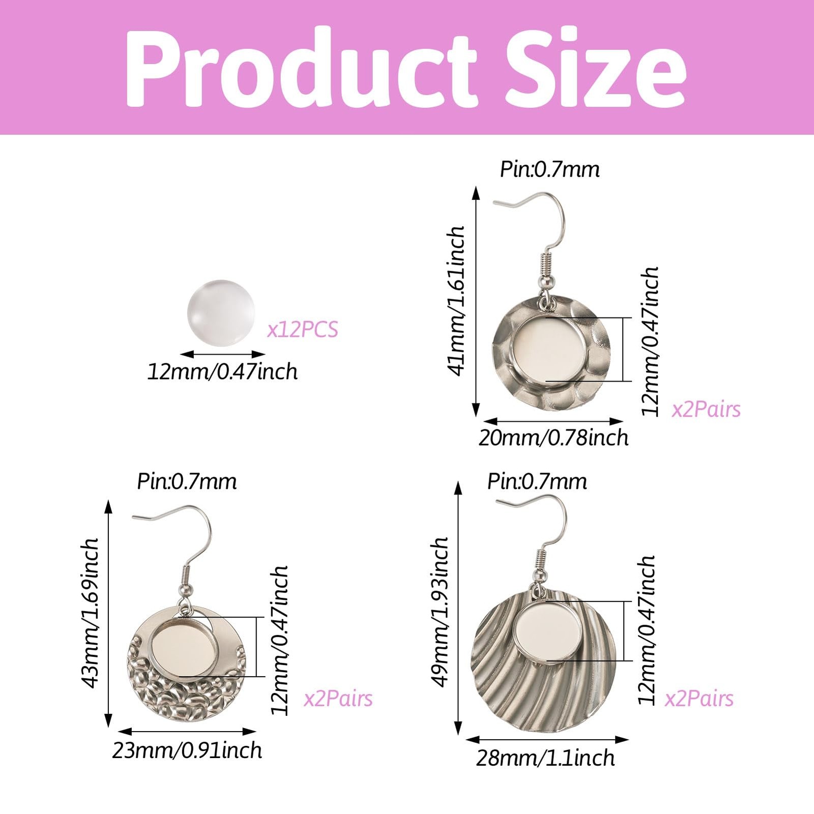12Pcs Stainless Steel round Earring Bezel Trays Dangle Earring Base Setting Ear