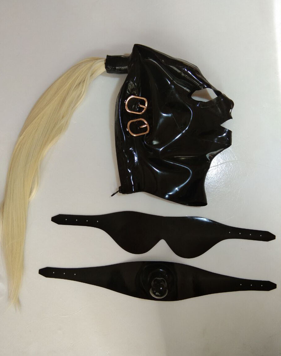 385 Latex mask with eyeshade and mouth shade with gag with wigs latex hood