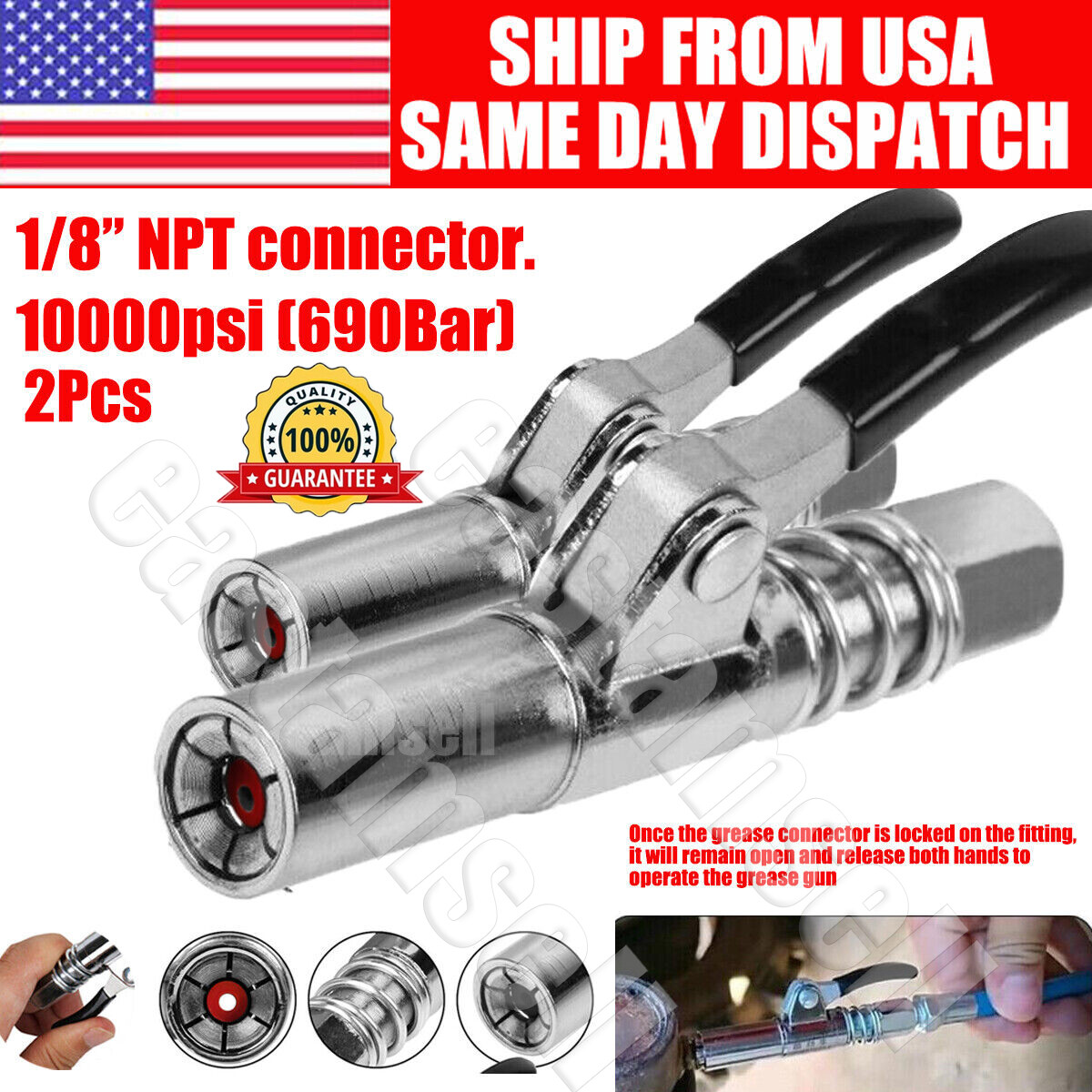 2 Oil Injection Nozzle Grease Gun Coupler Quick Release Lock Air 1/8” NPT  10000