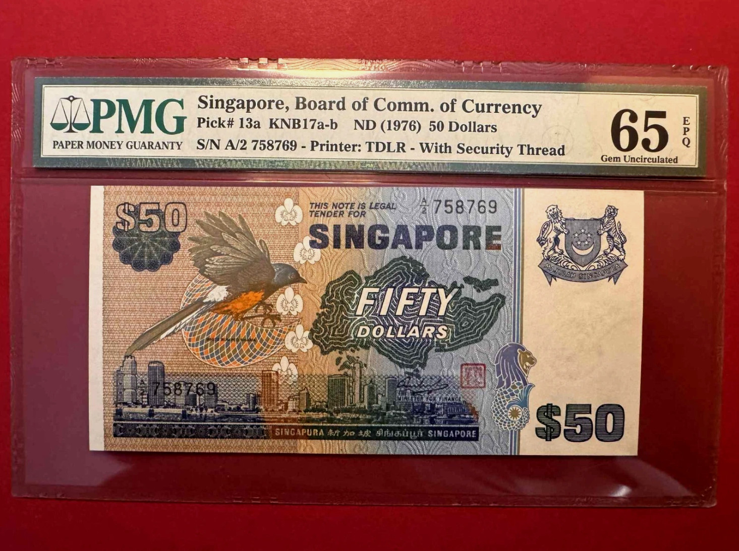 Singapore 50 Dollars, ND(1976), P-13a, PMG 65 EPQ , Gem Uncirculated