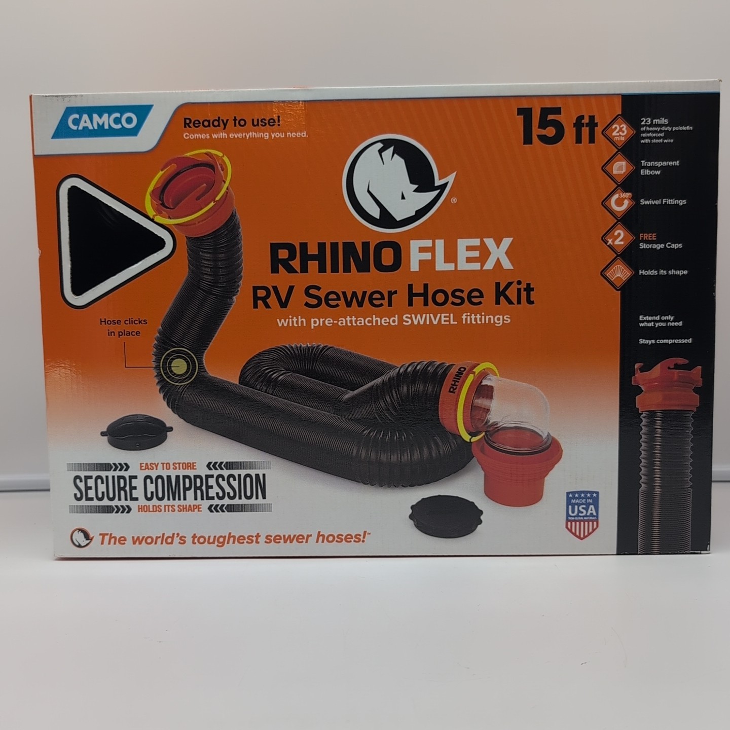 Camco RhinoFLEX 15-Foot RV Sewer Hose Kit Multicolor, 23 Mils of Polyolefin USA