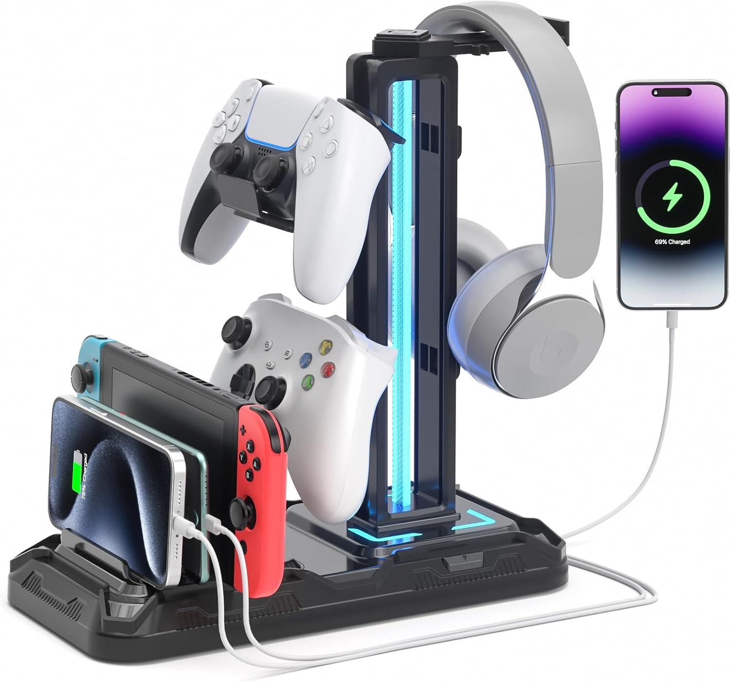 Gaming Headset Stand with Charging Station & 9 Light Modes - USB Ports