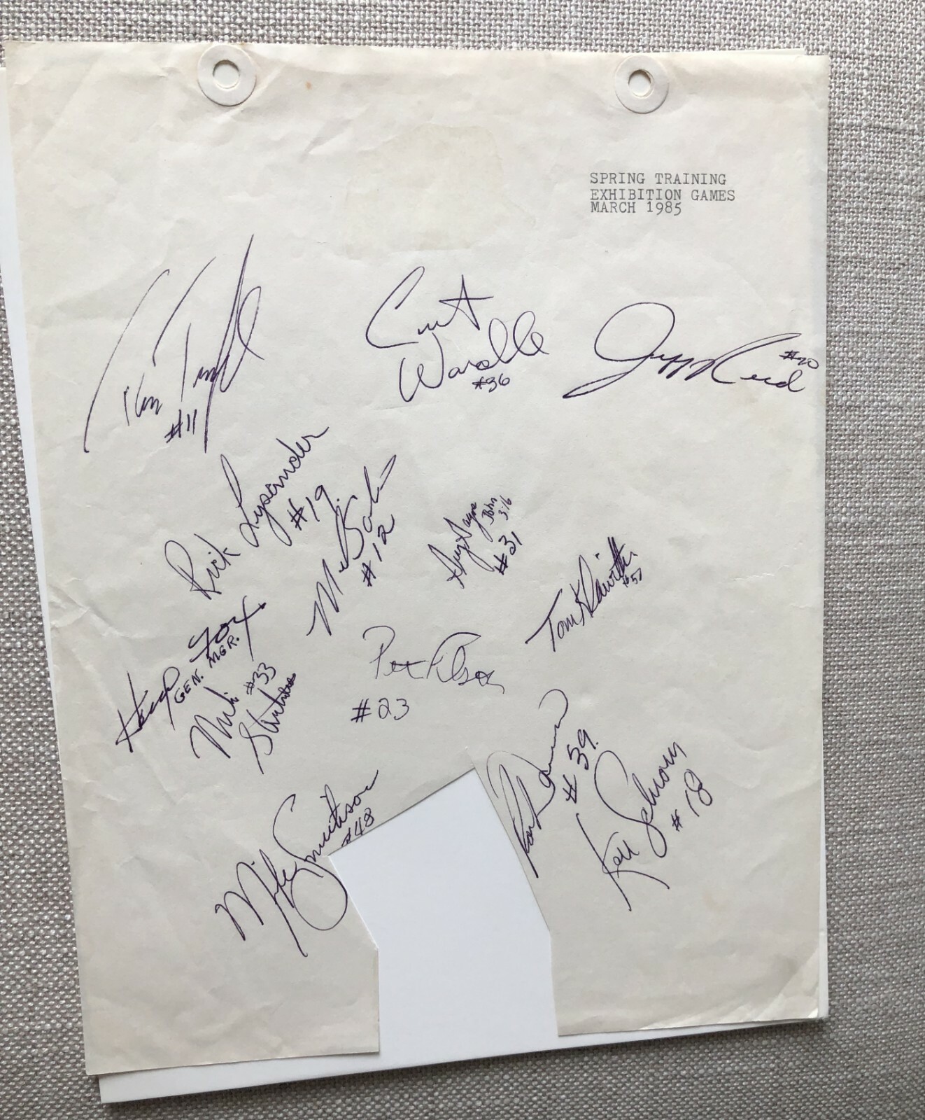 Minnesota Twins 1985 SPRING TRANING SIGNATURE SHEET - 13 Autographs