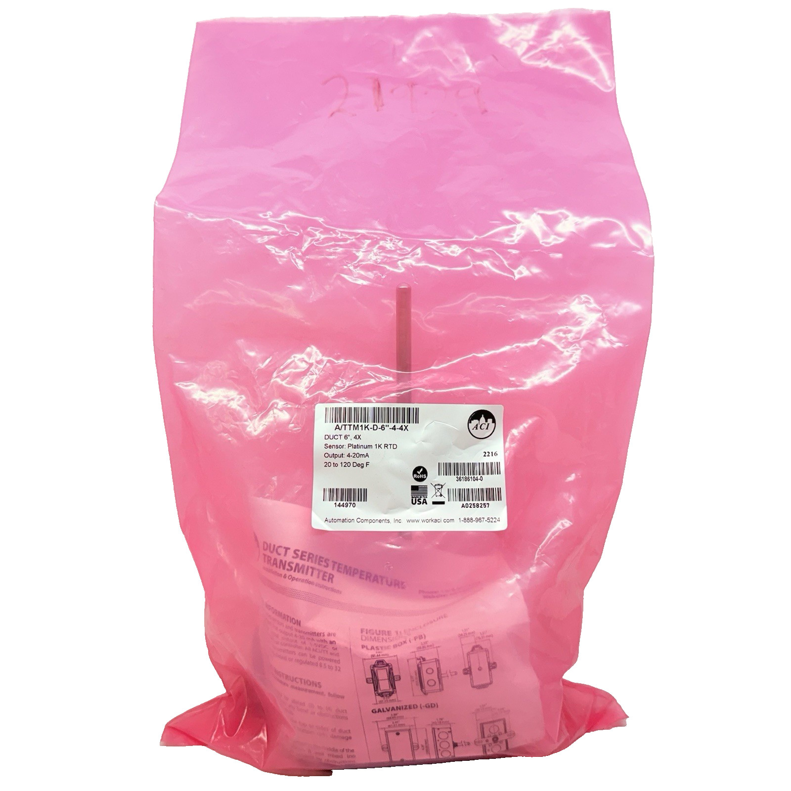 NEW ACI A/TTM1K-D-6"-4-4X Temperature Transmitter 1K RTD, Duct 6", 20-120°F