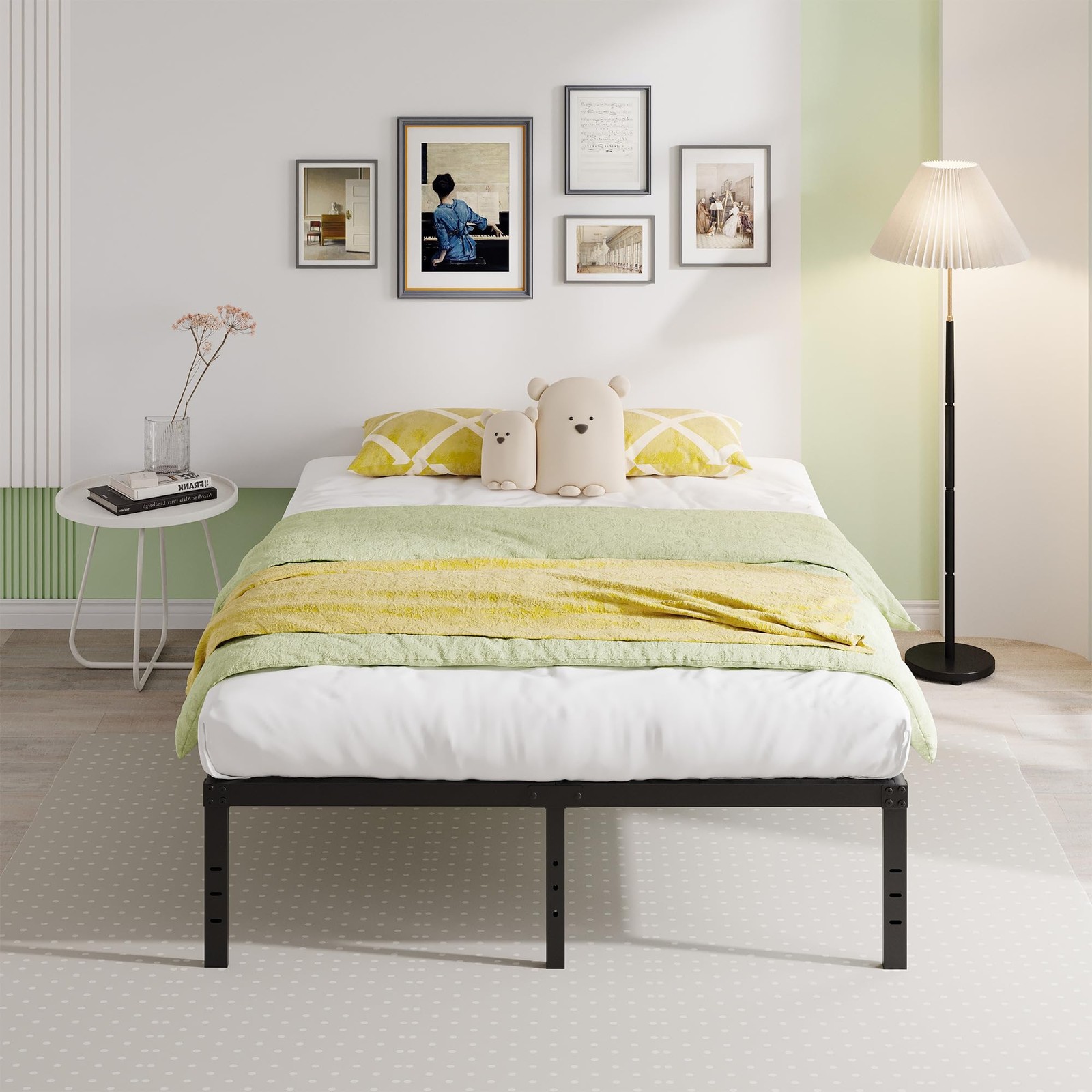 Queen Bed Frame, 18 Inch Metal Platform, No Box Spring, Storage, Black