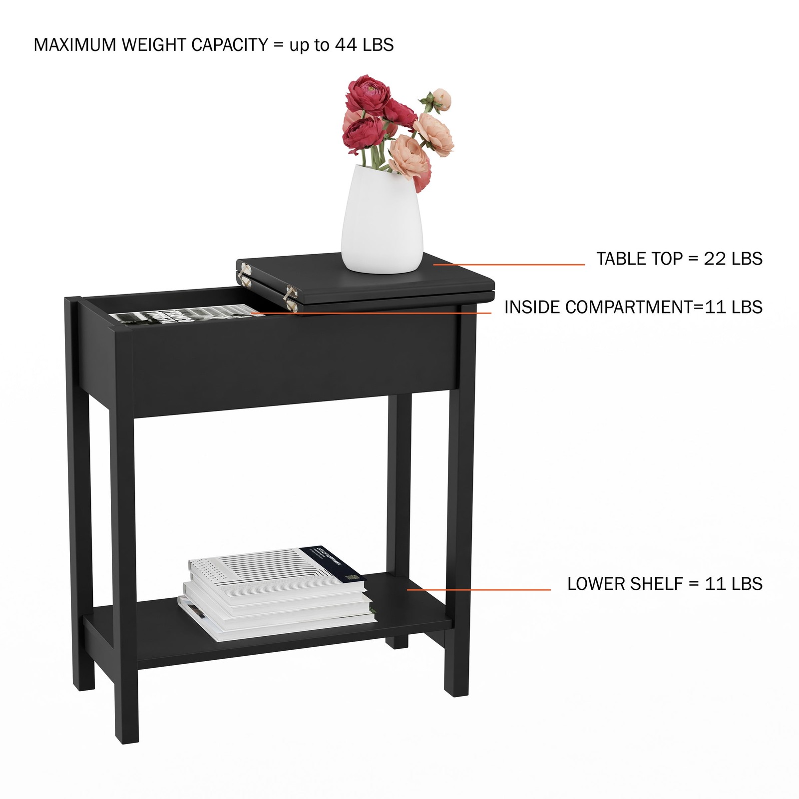 Narrow End Table W/ Storage Compartment & Shelf Black)