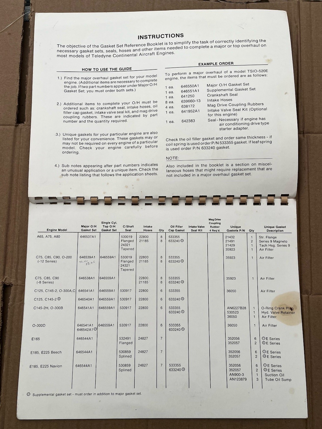 Continental Engine Gasket Set 1983 Reference Part Number Guide X30572 Original