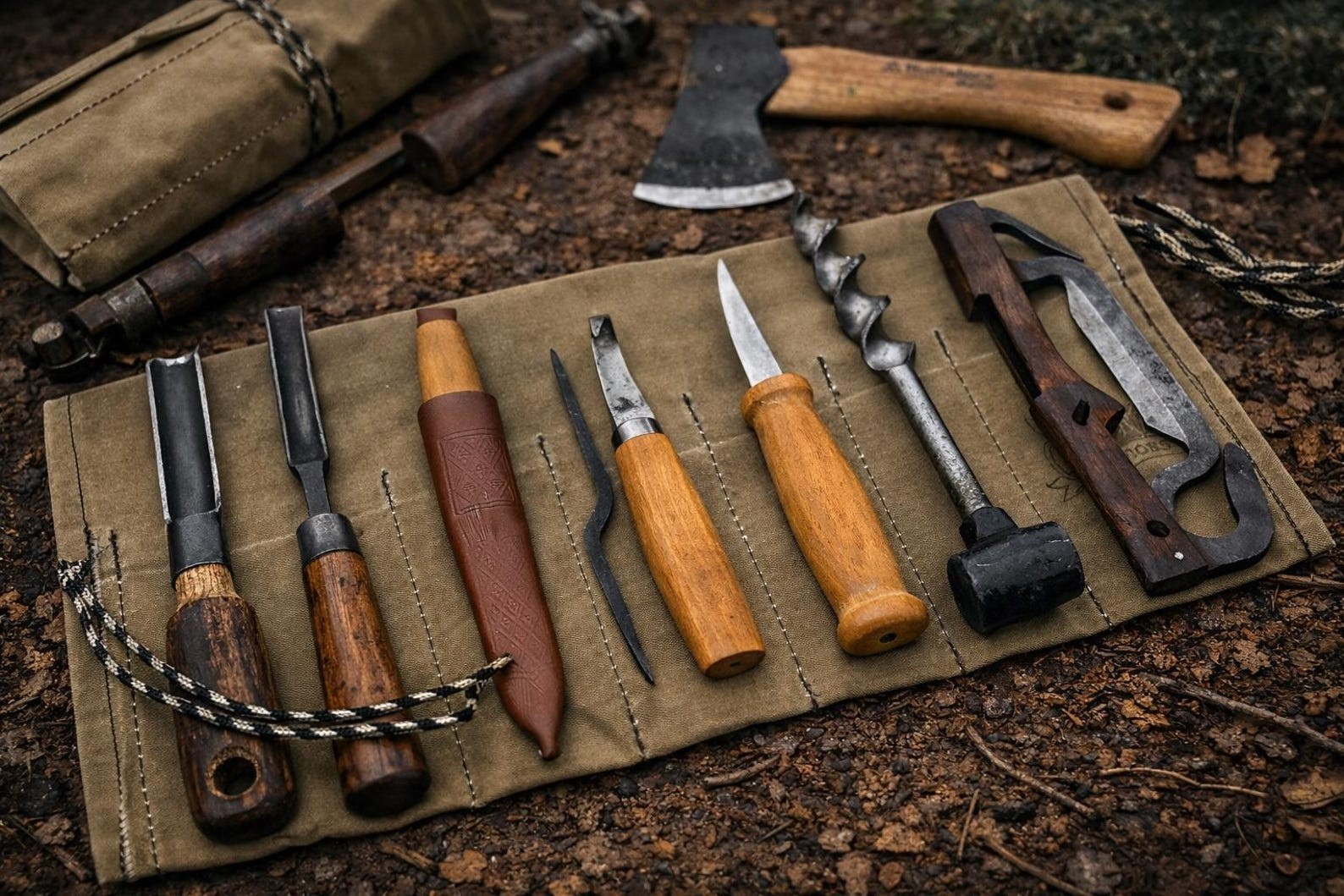 Waxed Canvas Bushcraft Tool Roll: Camping Utensil & Carving Tool Kit
