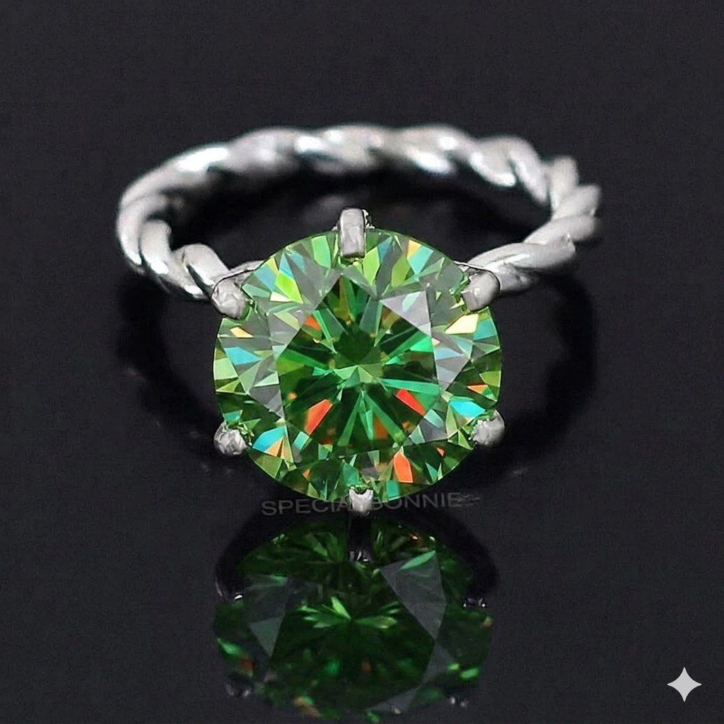 6.00 Ct Certified Leaf Green Diamond Ring, Free Diamond Studs