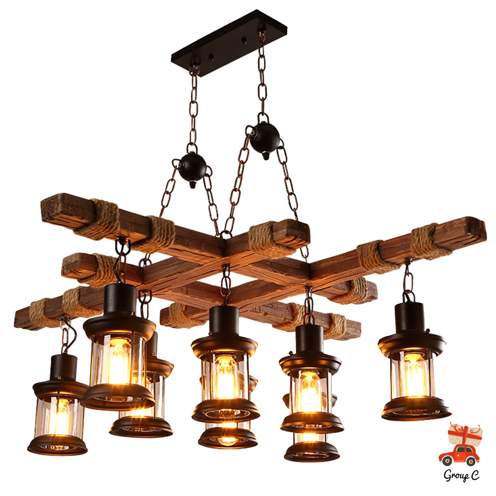 8-Light Rustic Country Chandelier Wood Pendant Lamp Industrial Ceiling Fixture