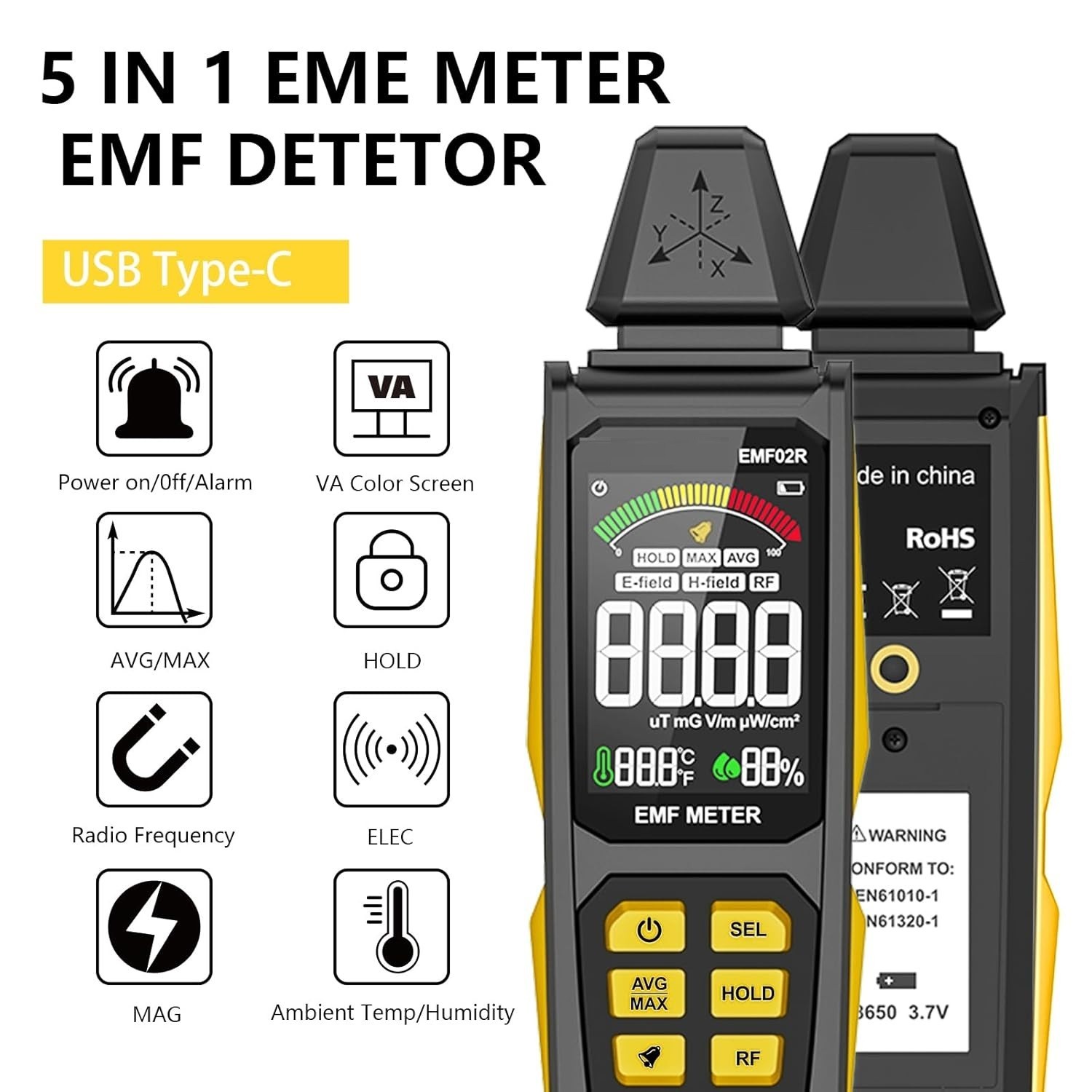 EMF Meter 5 in 1 Rechargeable Digital Electromagnetic Field Radiation EF RF MF
