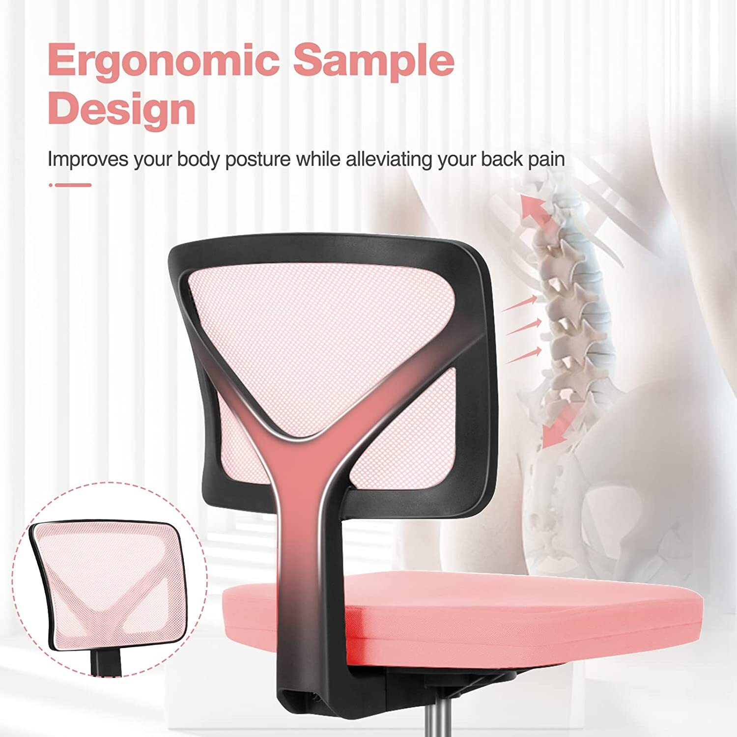 Cute Armless Mesh Task Chair, Swivel Rolling Desk Chair for Home Office