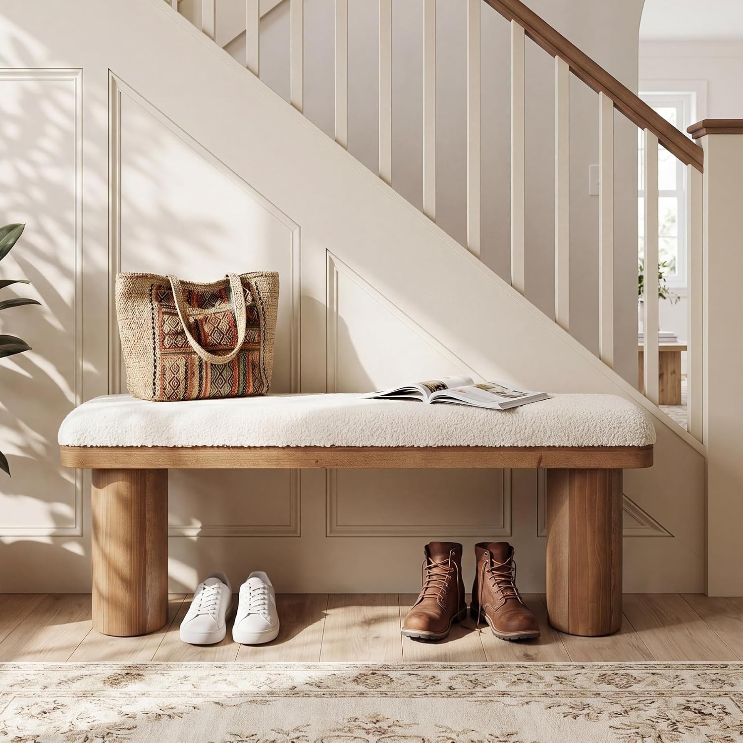 47'' Modern Wooden Ottoman Upholstered Bench w/ White Boucle Cushion for Hallway