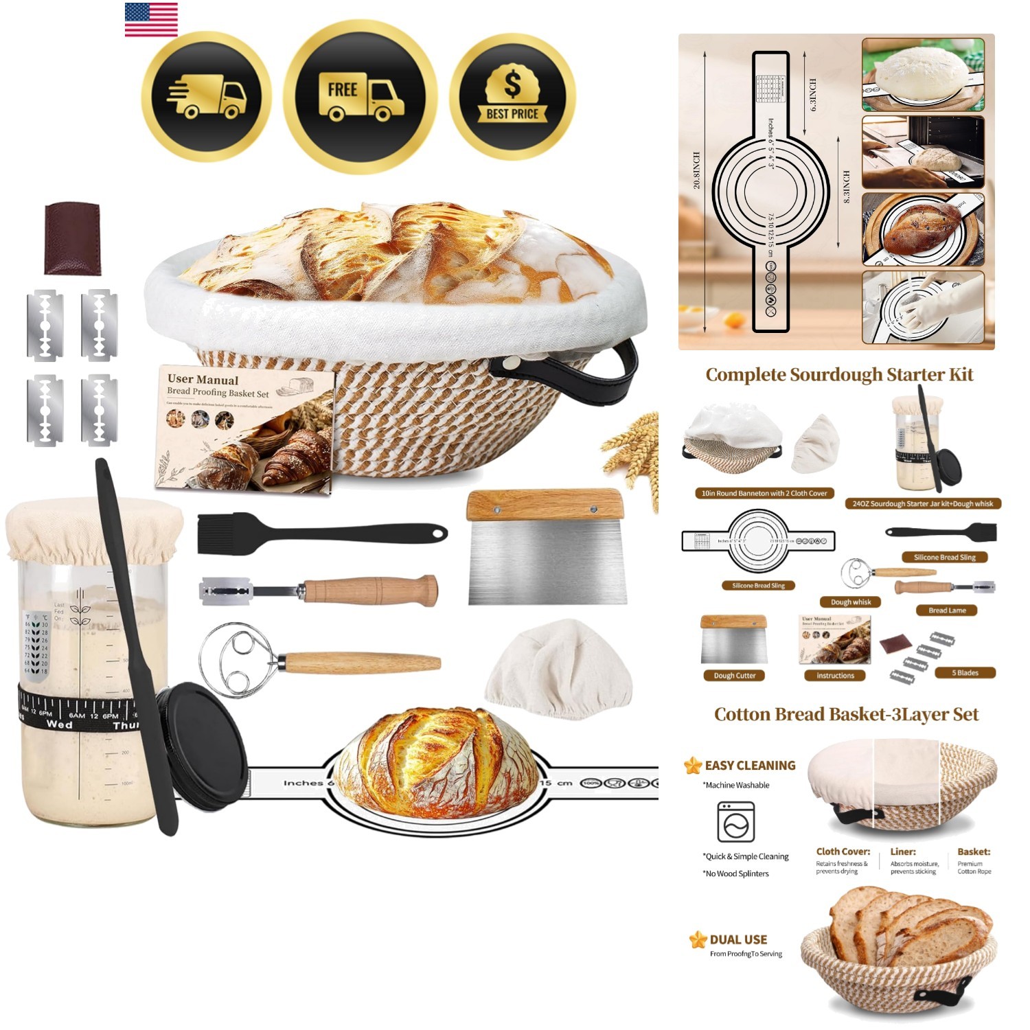 Sourdough Starter Kit Bread Proofing Basket Dough Whisk Lame Gifts
