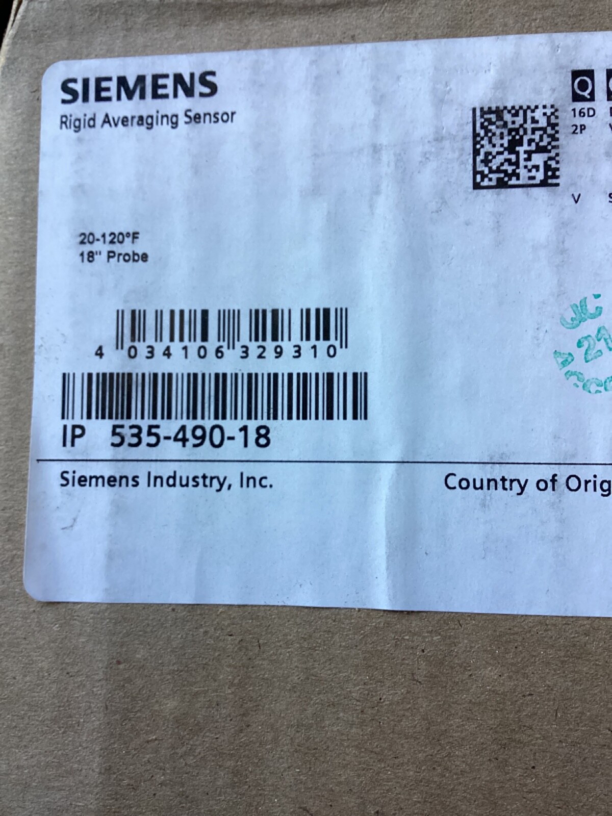 SIEMENS DUCT POINT TEMPERATURE SENSOR 535-490-18