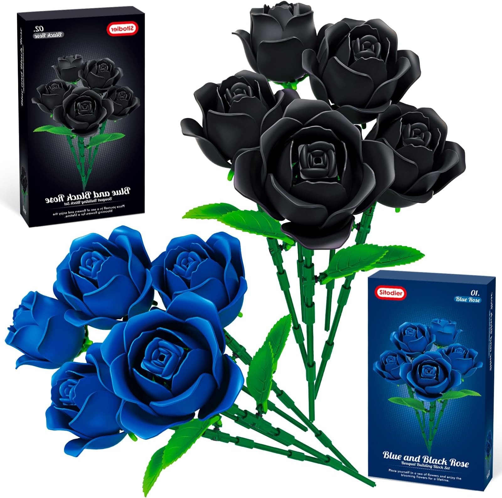 Sitodier Roses Flower Bouquet Building Set, 5pcs Black and 5pcs Blue Roses fo...