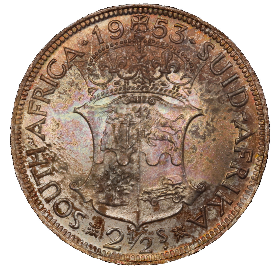 Toned 1953 South Africa 2 1/2 Shillings Silver Choice Gem Brilliant Unc toner