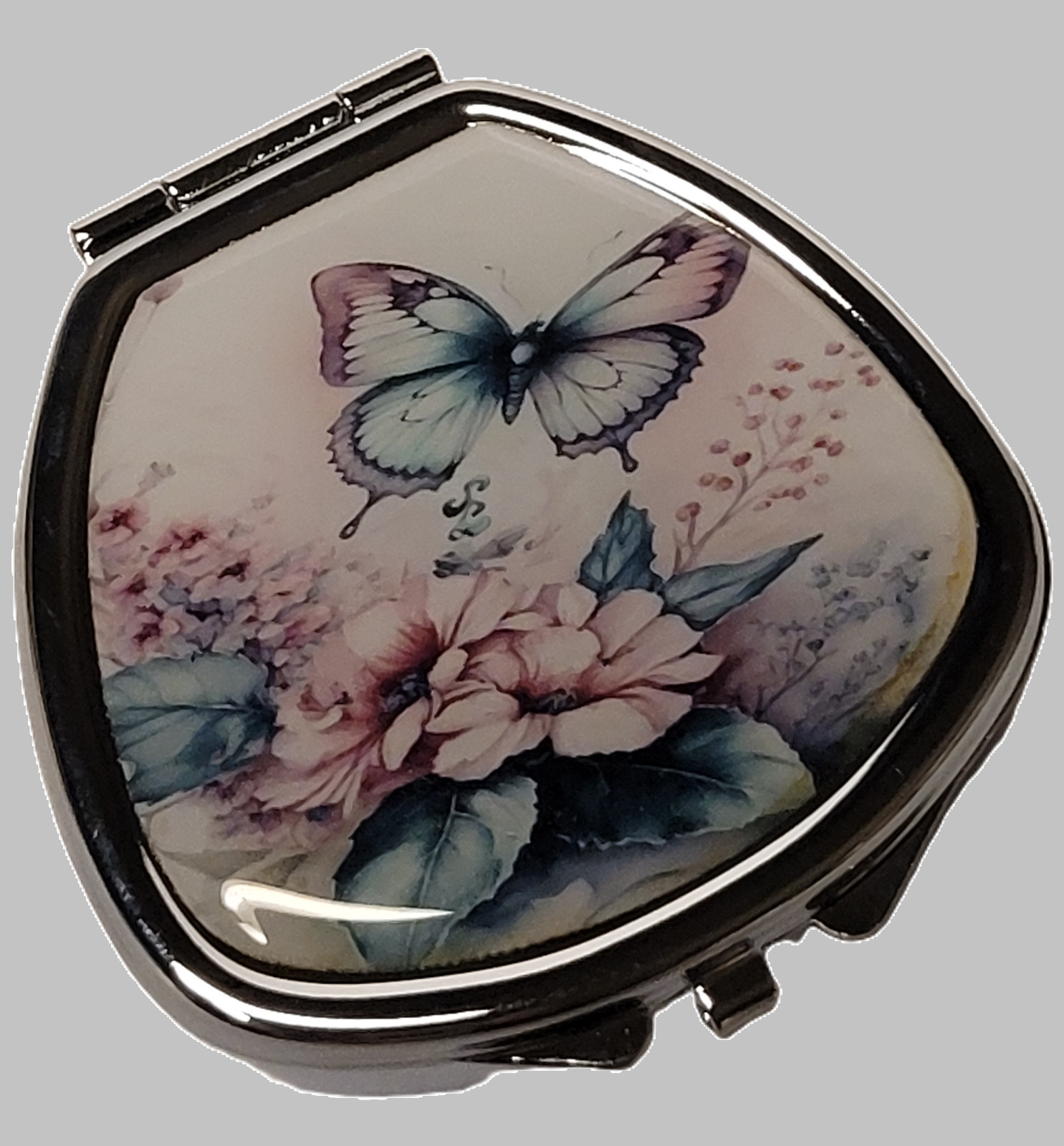 Medicine Pill Box Blue Purple Butterfly Flowers - 1 compartment - silver finish