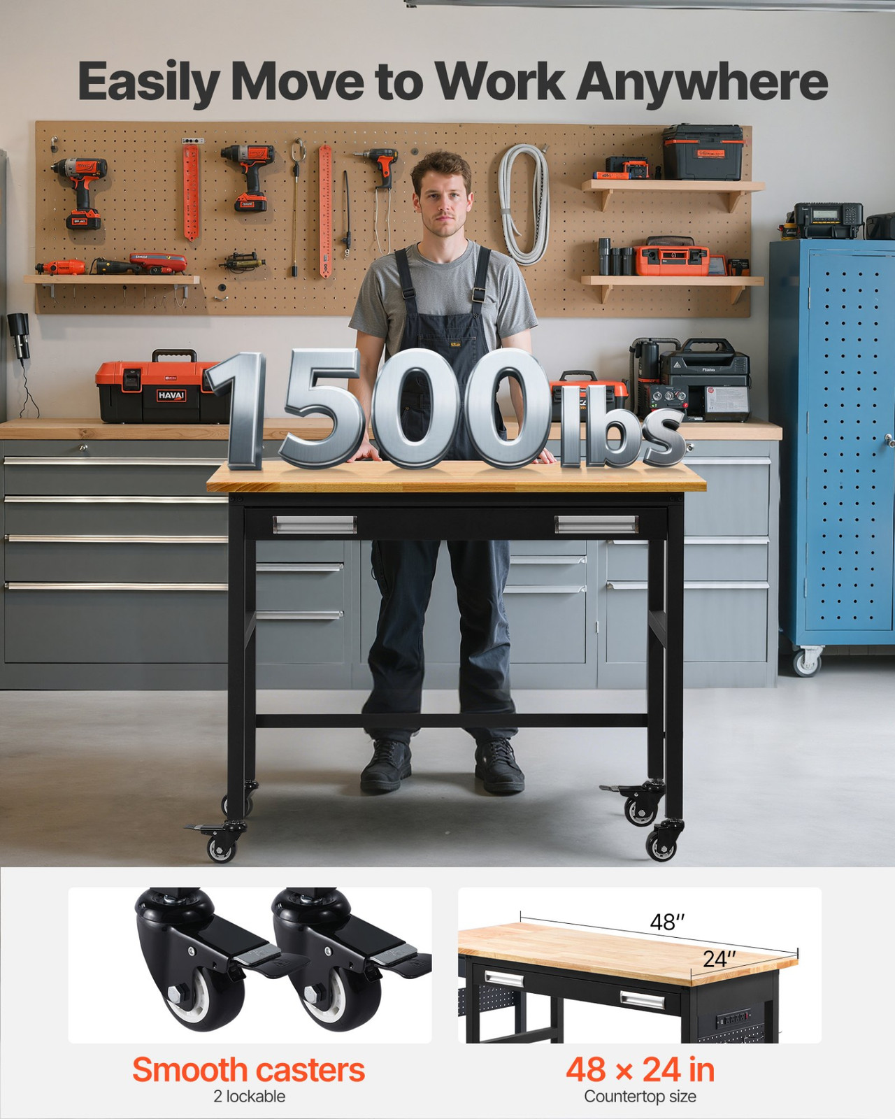 48in Workbench 1500lb Garage Work Table w Drawer Wheels Oak Wood Top