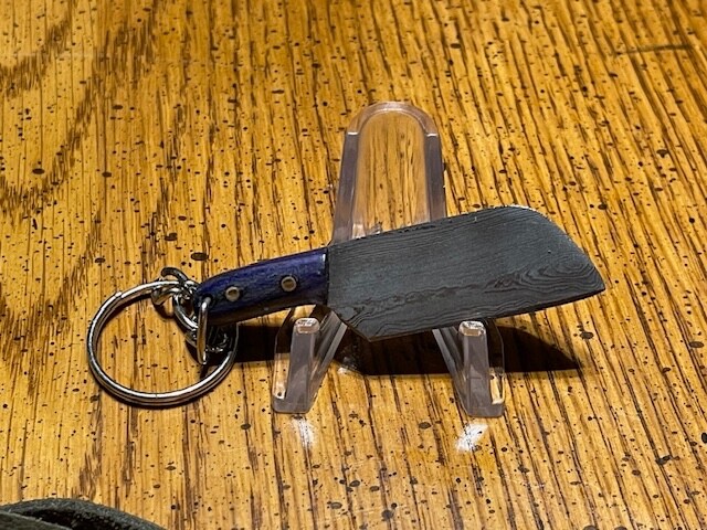 Miniature Damascus Steel Cleaver Knife, wood handle,  naugahyde neck hanger