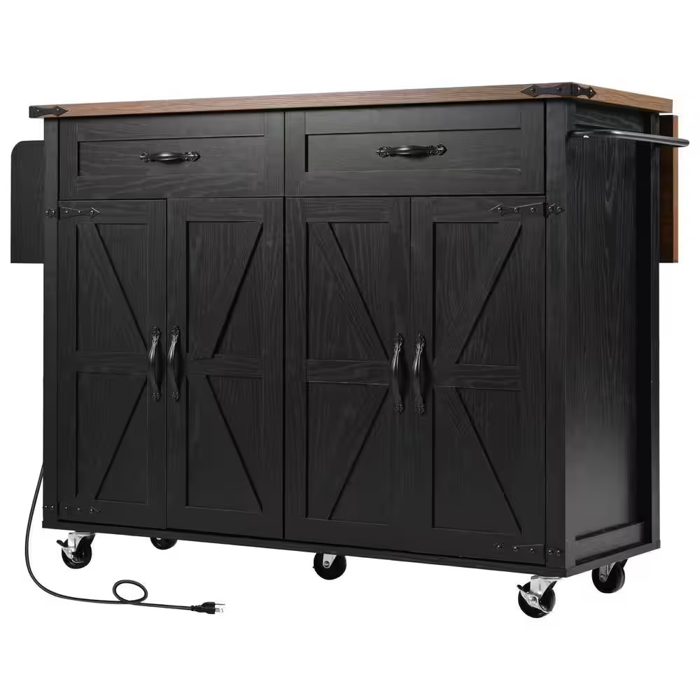 Black 53.5 In. Outdoor Kitchen Island Kitchen Storage Island with Power Outlet,