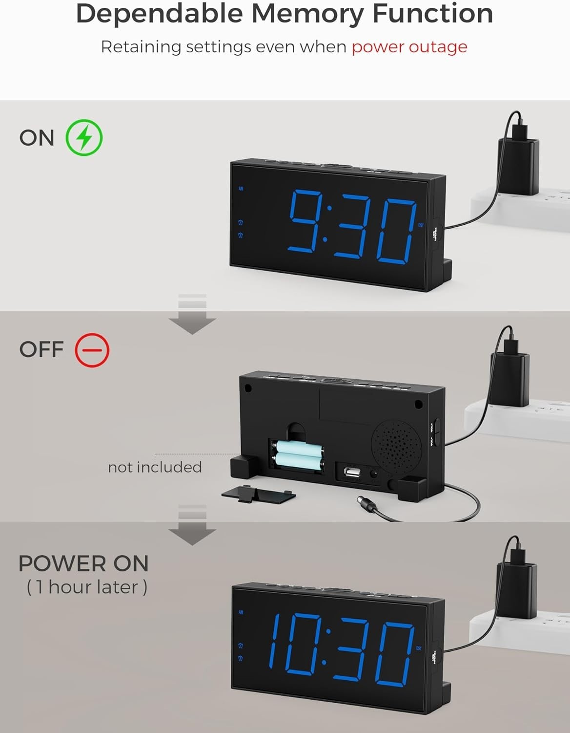Versatile LED Alarm Clock with Large Display, Adjustable Volume & Battery Backup