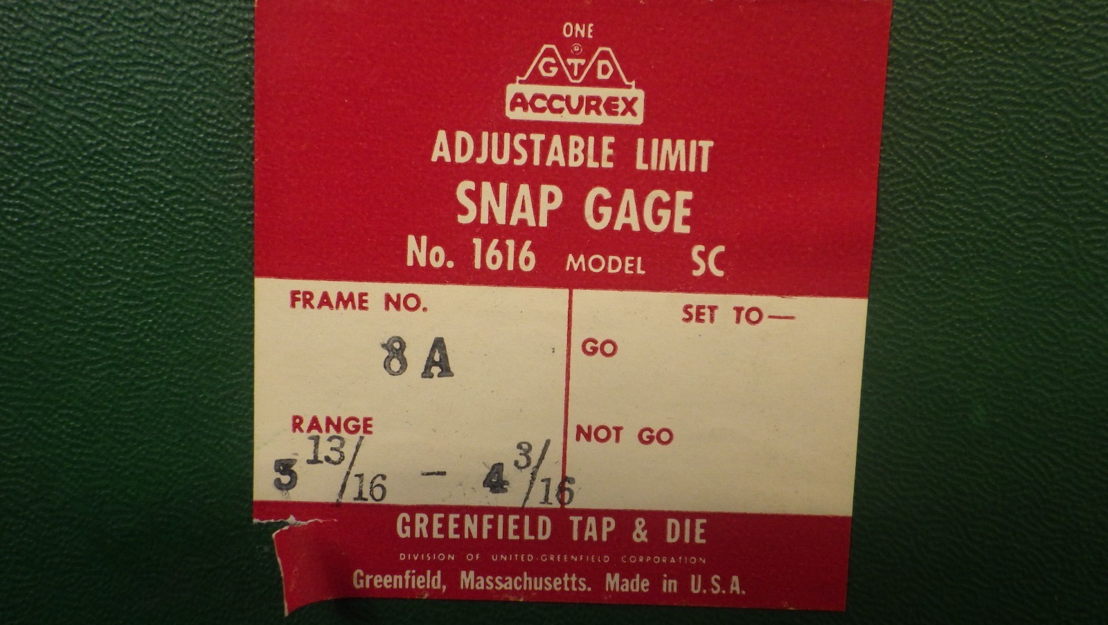 Greefield Tap & Die Accurex Adjustable Snap Gauge 8A 3-13/16" to 4-3/16 #1616 SC