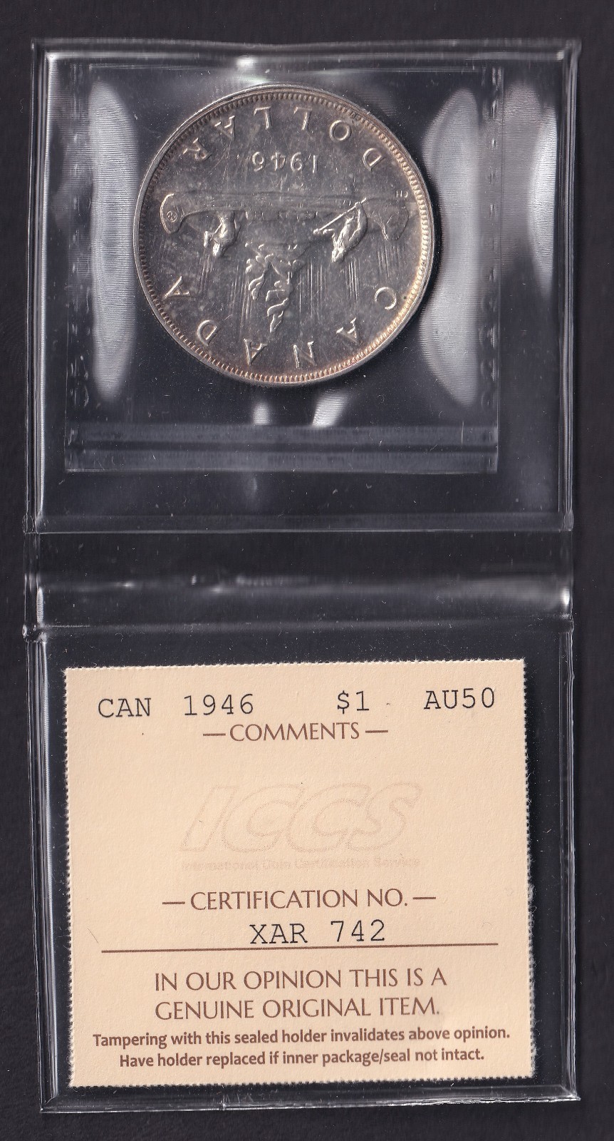 Canada 1946 $1 One Silver Dollar ICCS Graded AU-50 .800 Silver