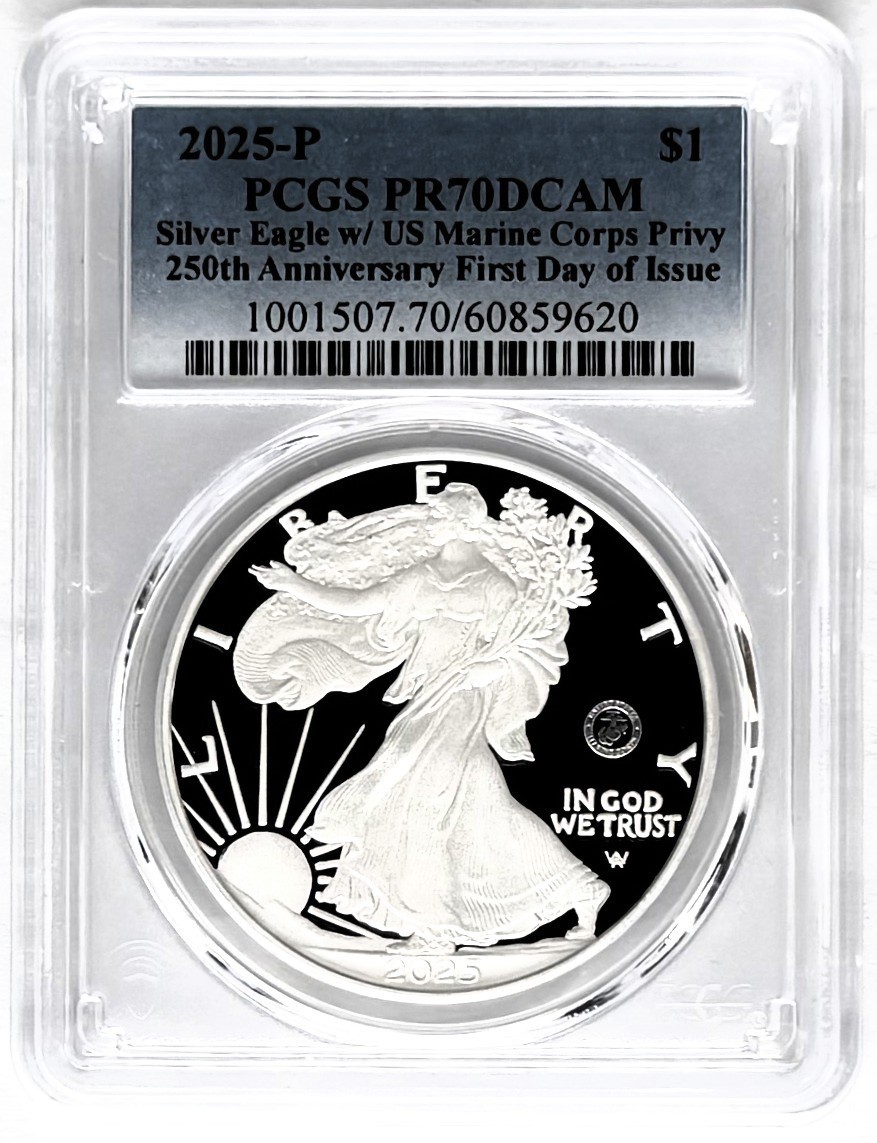 2025 P PROOF SILVER EAGLE US MARINE 250TH ANNIV. PRIVY FIRST DAY ISSUE PCGS PR70