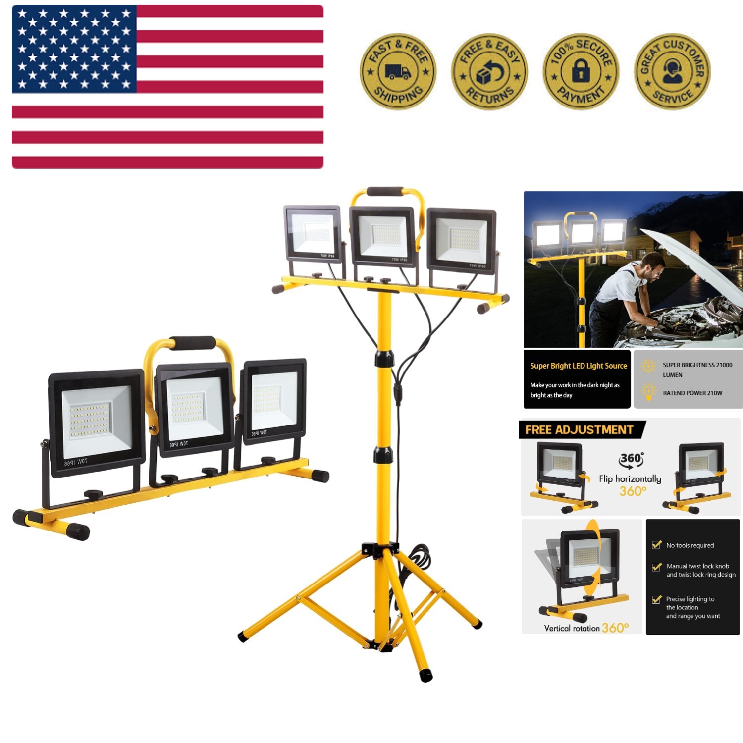 22000 Lumen Work Lights with Stand, 3 Head Portable LED Work Light, with Adju...