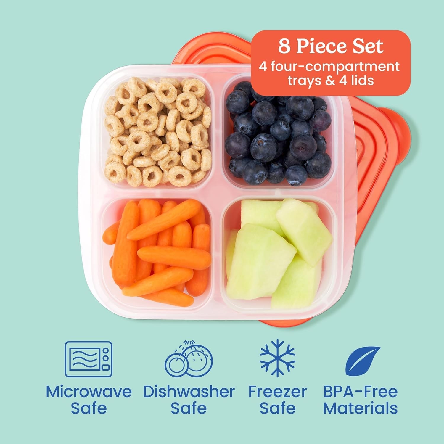 Easyboxes 4-Compartment Snack Containers - 8-Piece Set with 4 Trays & 4 Custo...