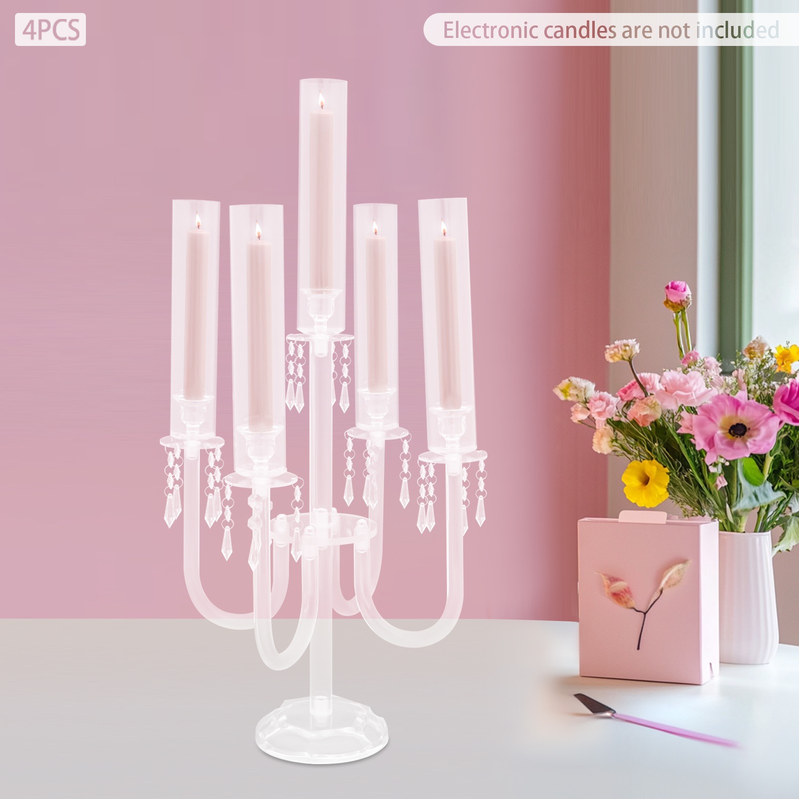 4PCS 5-Arm Candle Holders, 70cm Acrylic Candle Holders, Tabletop Candle Holders