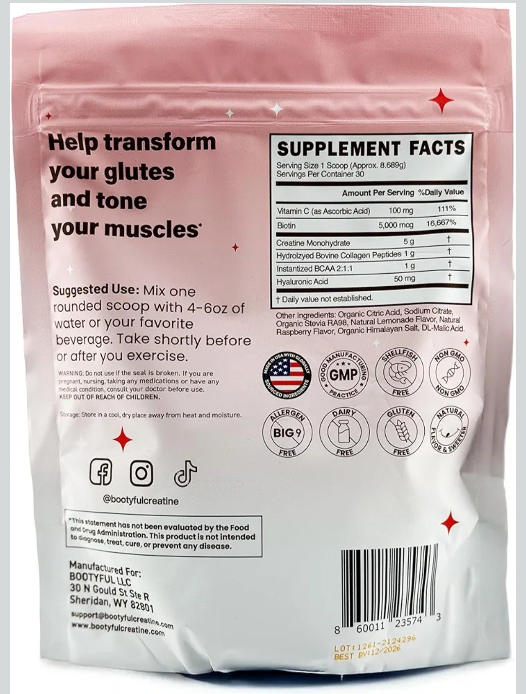 Bootyful Creatine for Women | Booty Builder | Raspberry Lemonade | 30 Servings